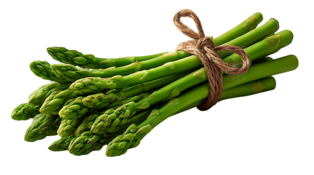 Fresh green asparagus spears tied together with natural twine isolated on transparent background