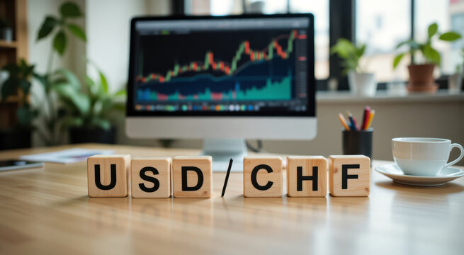 USD CHF forex chart showing currency pair price trend, technical indicators, and market analysis between US dollar and Swiss franc with copy space