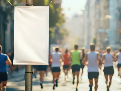 Blank banner beside a marathon of runners in a city street.