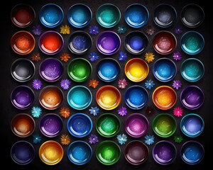 Colorful Bowls with Water and Flowers Arranged on Dark Surface