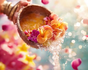 Coconut Bowl with Colorful Flowers and Water Splashing Effect