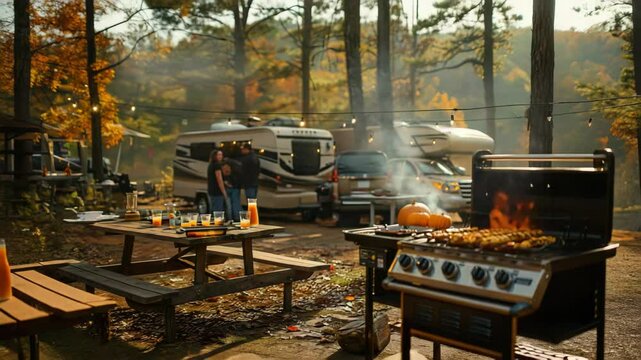 Campfire cooking with friends near camper vans. Enjoying autumnal barbecue with grilled meat and drinks on picnic table.