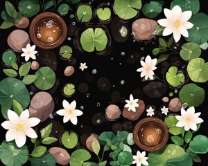 Tranquil Water Scene with Lily Pads, Flowers, and Smooth Stones