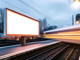 Naklejka premium Empty billboard at a train station, with a blurred, fast-moving train.