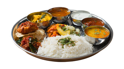Traditional Indian food Thali is served on a plate isolated on a white background
