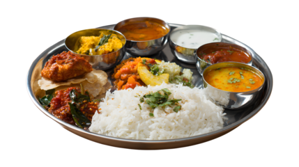 Traditional Indian food Thali is served on a plate isolated on a white background
