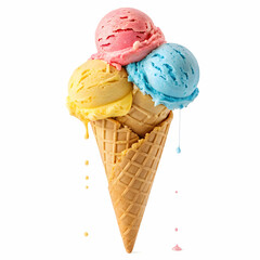 Classic vanilla ice cream cone with waffle texture, creamy swirl, and soft serve peak isolated on white background