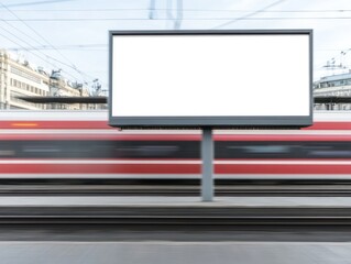 Obraz premium Blank billboard at a train station, urban setting, blurred train.