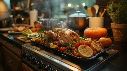Roasted turkey with citrus fruits and herbs on kitchen counter. Thanksgiving dinner centerpiece features golden-brown turkey garnished with rosemary and lemon slices.