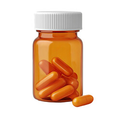 Amber bottle with white lid and full of orange gel capsule medication, isolated on white or transparent background