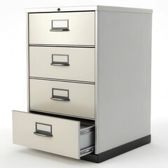 Four-drawer vertical metal filing cabinet with one drawer open, used for organizing documents and folders in office settings.