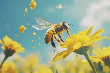 A bee flying over yellow flowers in a field of bright sunshine.