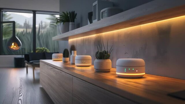 Modern home interior design with stylish wifi routers and potted plants on wooden shelf. Contemporary home decor features sleek technology and natural elements creating a warm and inviting atmosphere.