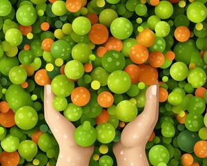 Hands Holding Colorful Orbs in a Vibrant Green and Orange Background