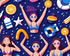 Fun Summer Pool Party with Diverse Women and Colorful Accessories