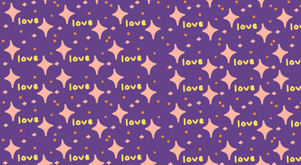 Seamless Abstract Pattern for Background and Wallpaper Dreamy Love Word With Sparkles and Stars in Purple Night Pastel Color	