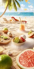 Refreshing Summer Fruit Display on Beach with Tropical Vibe