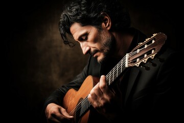 A dramatic side-lit portrait of a flamenco guitarist mid-performance, eyes closed in emotional focus.