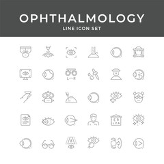 Ophthalmology Line Icon Set – Eye, Vision, Doctor, Test, Glasses, Surgery, Clinic, Minimal Vector Collection