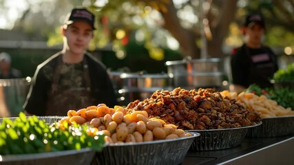 Delicious food buffet with roasted potatoes, caramelized onions, and fried chicken. Food includes various savory dishes perfect for catering events or restaurant buffets.