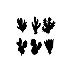 Fototapeta premium Six black seaweed silhouettes arranged on a white surface in a simple composition.