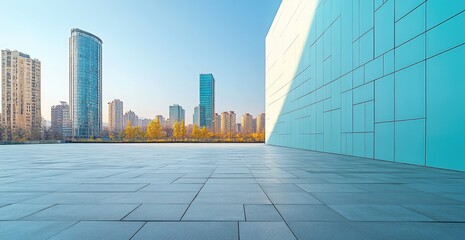 Fototapeta premium Empty urban plaza, light teal wall, city skyline