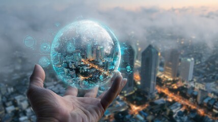 Aerial View of Translucent AI Globe with Blockchain Symbols Over City for Fintech Visualization