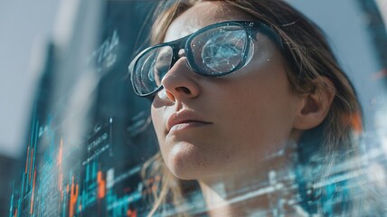 Businesswoman Using AR Glasses Projecting AI Sphere with Stock Market Interface