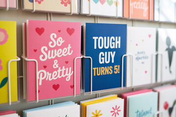 Pink and blue children’s greeting cards on a rack. Gender stereotypes and societal expectations taught from a young age through color-coded messages.