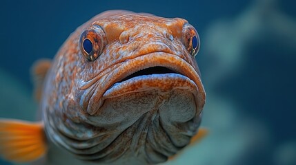 Close-up of a large orange fish with prominent eyes and an open mouth, underwater.