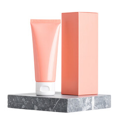  Minimalist Coral Skincare Set with Tube and Box on Stone Slab, isolated on transparent background PNG