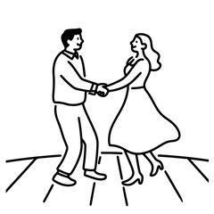 Happy Couple Dancing, Black and White Line Art Illustration
