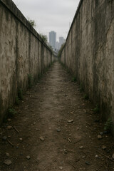 Urban Grit Weathered Concrete Alley with Overgrown Plants and Distant High-Rises under Overcast Sky &ndash; Perspective Street View for Urban Decay or Gritty Aesthetic