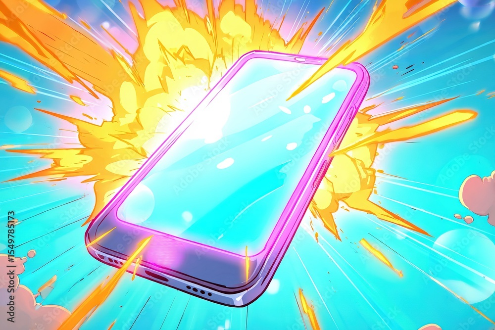 Poster smartphone explodes in colorful display with bright light and dynamic energy in a vibrant animation 