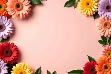 Obraz premium Colorful flower border with dahlia and chrysanthemum blossoms on soft pink background, arranged for advertisement layout with central copy space, ideal for beauty, wedding, or spring product branding