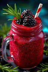 Delicious blackberry smoothie in a Mason jar on a black table. Space for text