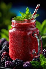 Delicious blackberry smoothie in a Mason jar on a black table. Space for text