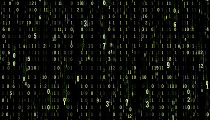 Abstract digital background of flowing numbers in a dark green and light green color scheme.