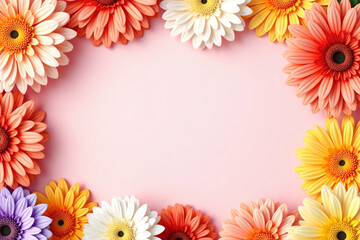 Obraz premium Colorful flower border with dahlia and chrysanthemum blossoms on soft pink background, arranged for advertisement layout with central copy space, ideal for beauty, wedding, or spring product branding