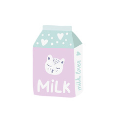 Illustration of a milk carton with a cat on it with soft pastel colors. Funny cute cartoon sticker or print on a clothes for cat lovers.