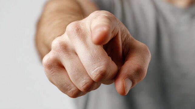 Close-up of an outstretched human hand pointing directly at the camera in a neutral studio setting ideal for decision-making metaphors, recruitment visuals and social media call-to-action banners - Powered by Adobe