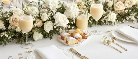 Fototapeta premium Elegant Table Setting with Floral Arrangement and Refreshing Beverages