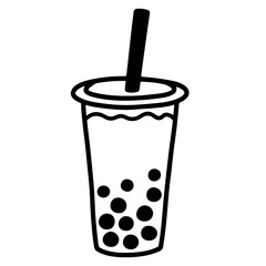 Black and white illustration of bubble tea with straw, vector design
