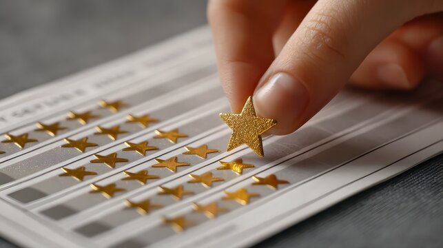 Placing a gold star sticker on a chore chart as a reward