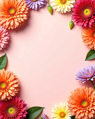Fototapeta premium Colorful flower border with dahlia and chrysanthemum blossoms on soft pink background, arranged for advertisement layout with central copy space, ideal for beauty, wedding, or spring product branding