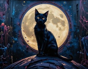 ilustración artística de gato negro con luna llena