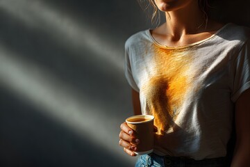 Woman with coffee-stained white shirt holding a takeaway cup, shown in casual outfit indoors, ideal for illustrating everyday accidents, laundry ads, or relatable lifestyle moments.