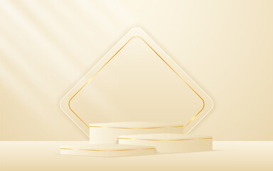 Multi-tiered cream podium with cream squares with elegant gold lines on the back for product presentation. Display of cosmetic products. Stage or podium. vector illustration