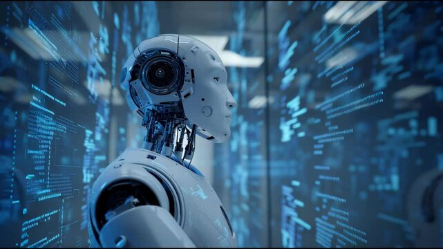 An advanced humanoid robot stands still, surrounded by flowing digital data and blue lights in a high-tech location. The robot exhibits realistic features and intricate design details