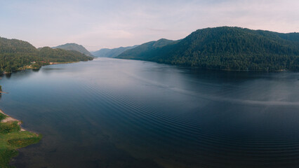 Aerial summer landscape of Lake Teletskoye in Altai Mountains